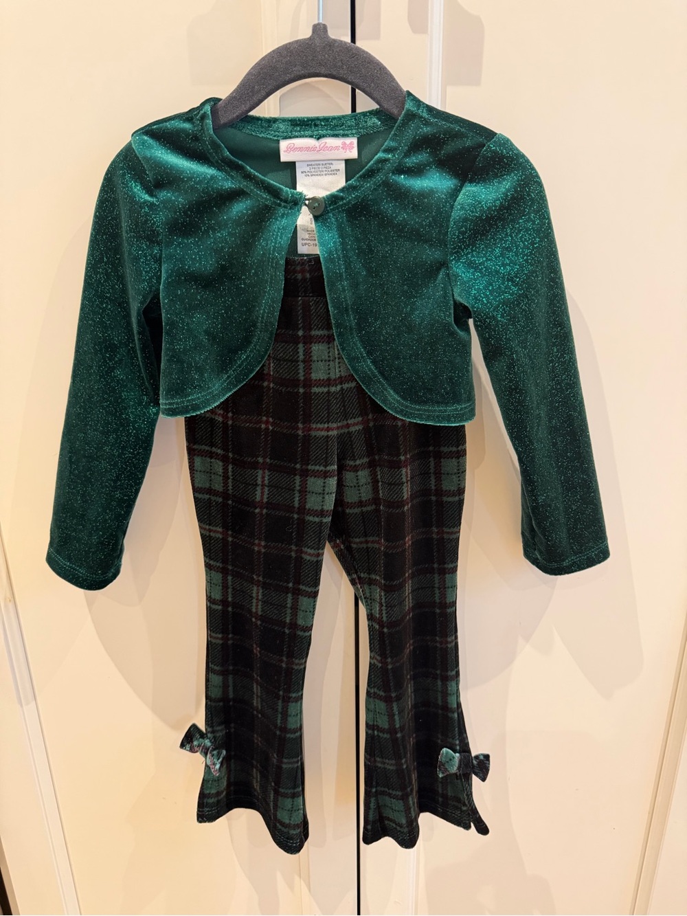 Bonnie Jean 2t Green Velvet Bolero with Plaid pants